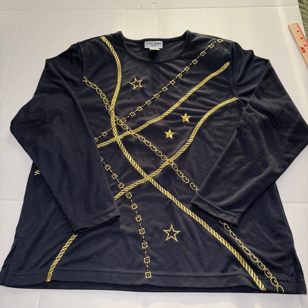 Alfred Dunner Blue and Gold Nautical Long Sleeve Tee